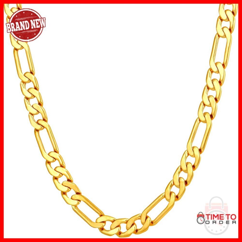 24k Gold Plated Figaro Chain Necklace, 5.5mm Flat Link, Lobster Clasp